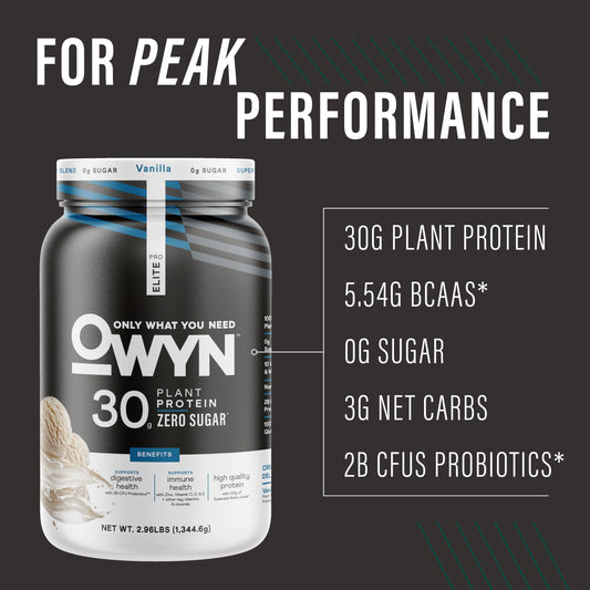 OWYN Pro Elite Vanilla tub back lists allergen-free ingredients