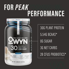 OWYN Pro Elite Vanilla tub back lists allergen-free ingredients