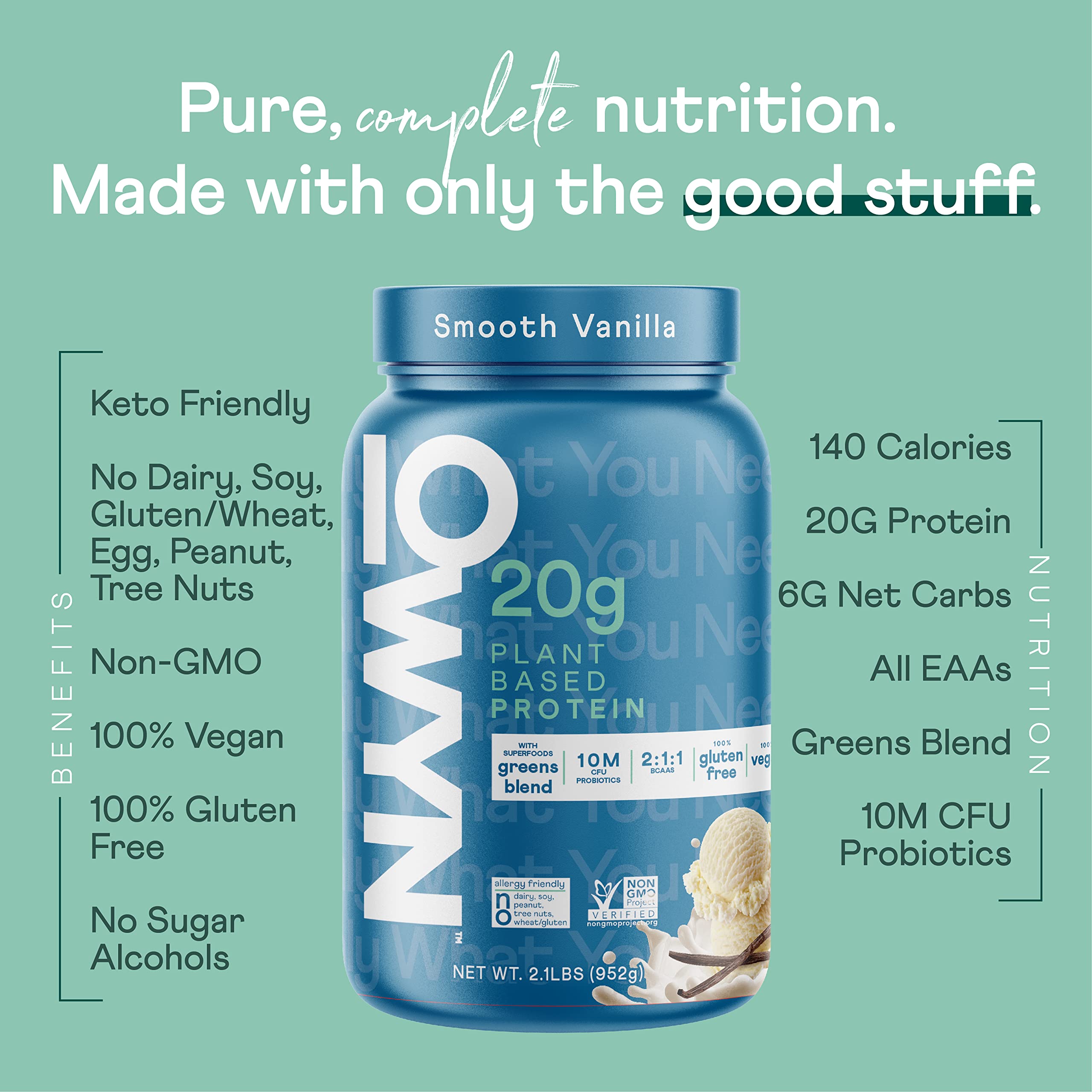 OWYN protein powder scoop in glass for easy on the go shakes