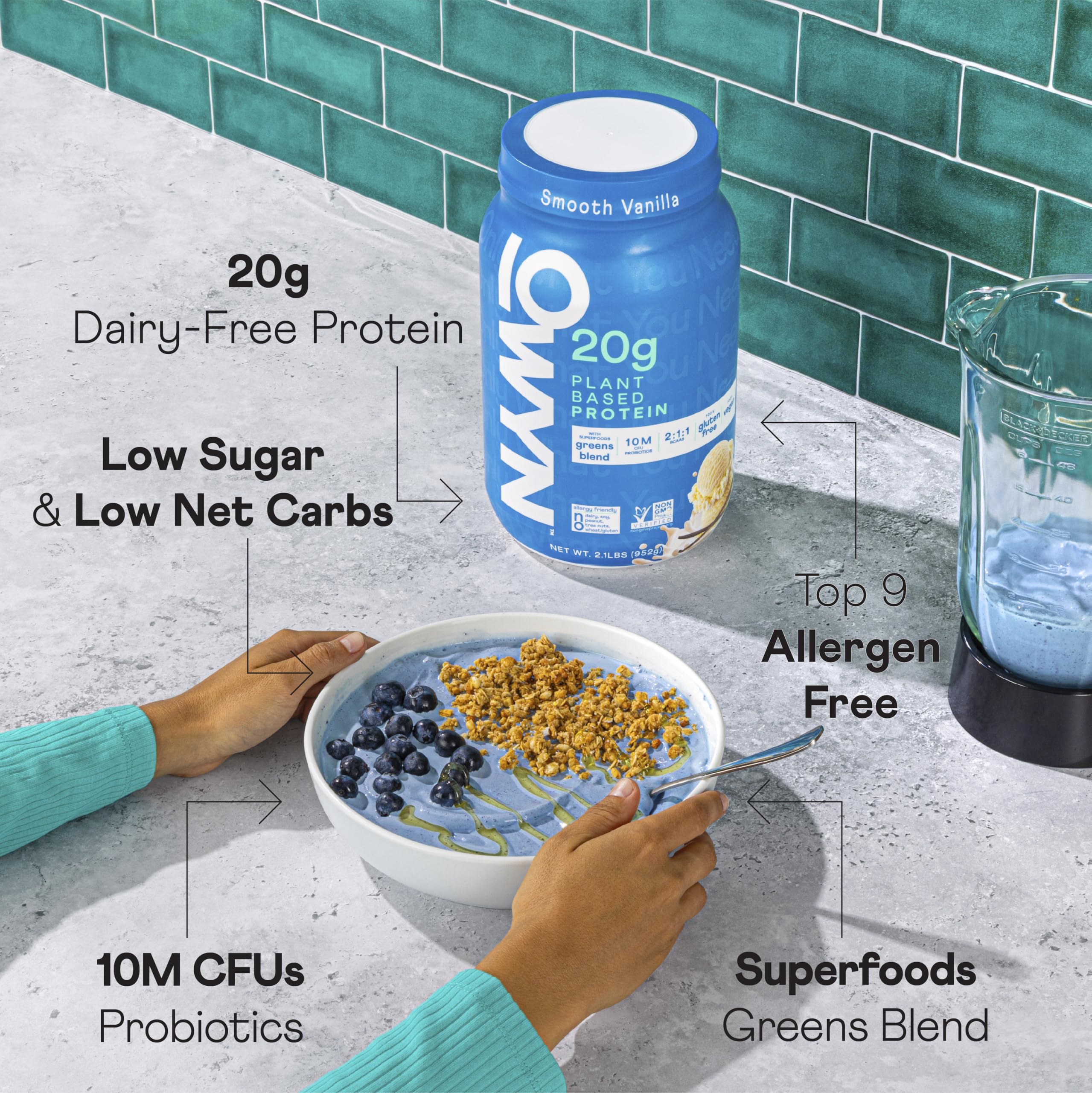 OWYN greens blend tub featuring kale, spinach, and broccoli for daily nutrition