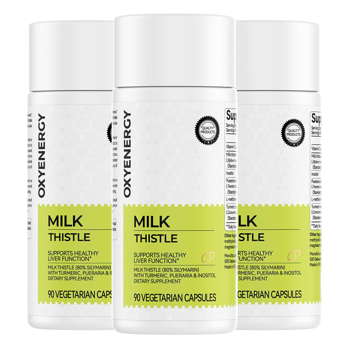 OxyEnergy milk thistle capsule highlighting 300mg silymarin content for liver support.
