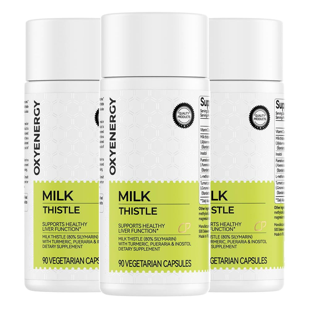 OxyEnergy milk thistle capsule highlighting 300mg silymarin content for liver support.