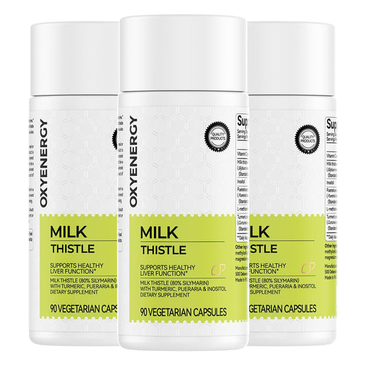 OxyEnergy milk thistle capsule highlighting 300mg silymarin content for liver support.
