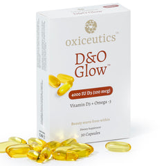 Oxiceutics D&O Glow bottle pour demonstrates easy daily dosing for hydration.