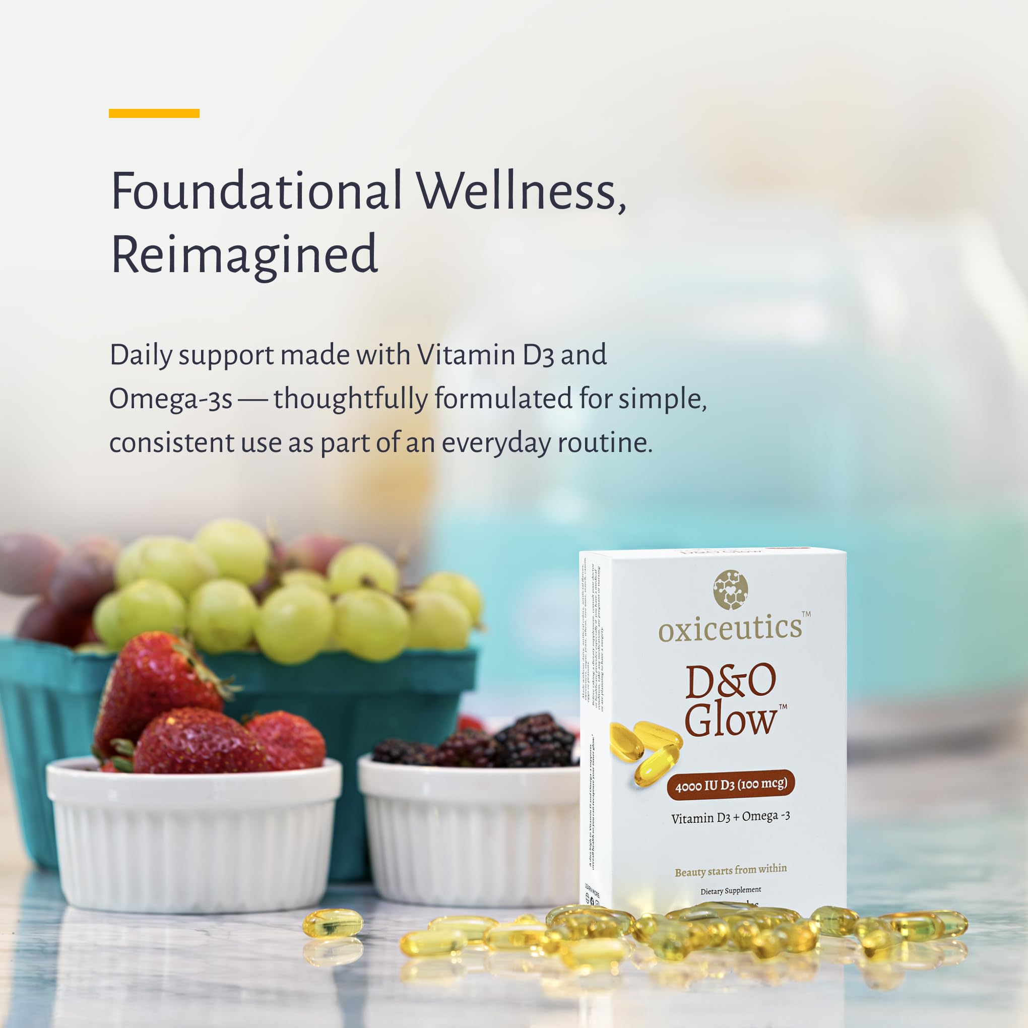 Oxiceutics D&O Glow softgels closeup highlights DHA and EPA support.