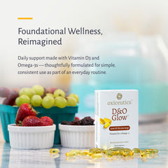 Oxiceutics D&O Glow softgels closeup highlights DHA and EPA support.