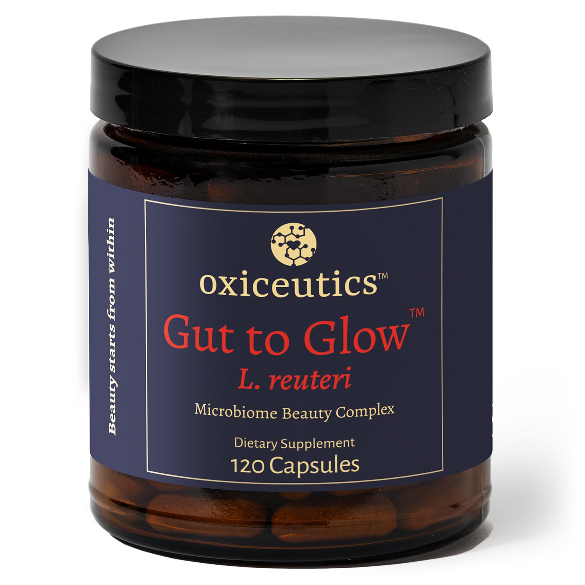 Oxiceutics Gut to Glow capsules bottle with label highlighting gut-skin support.