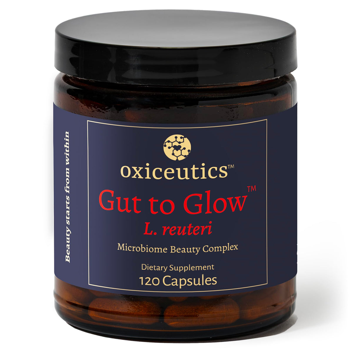 Oxiceutics Gut to Glow capsules bottle with label highlighting gut-skin support.