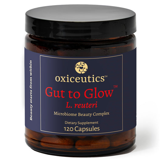 Oxiceutics Gut to Glow capsules bottle with label highlighting gut-skin support.