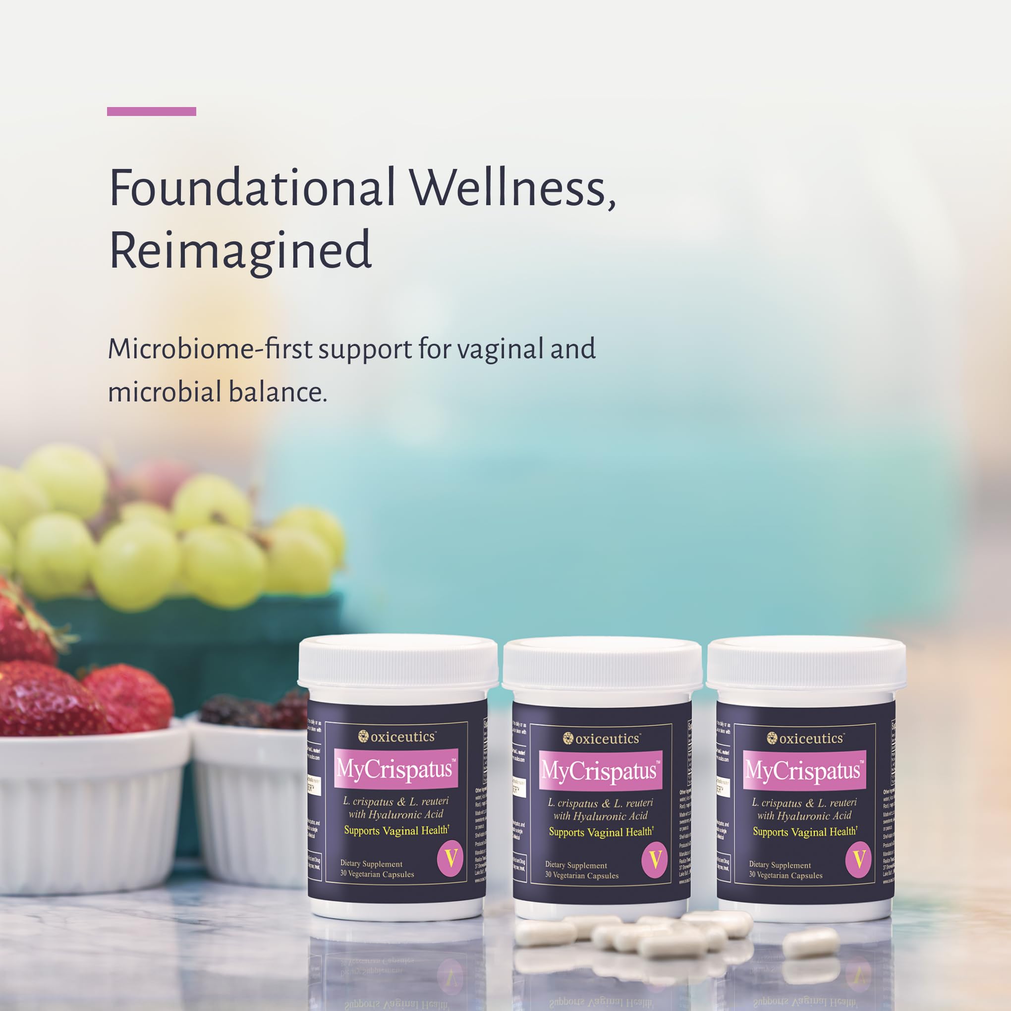 oxiceutics MyCrispatus packaging highlighting Hyaluronic Acid for mucosal hydration.