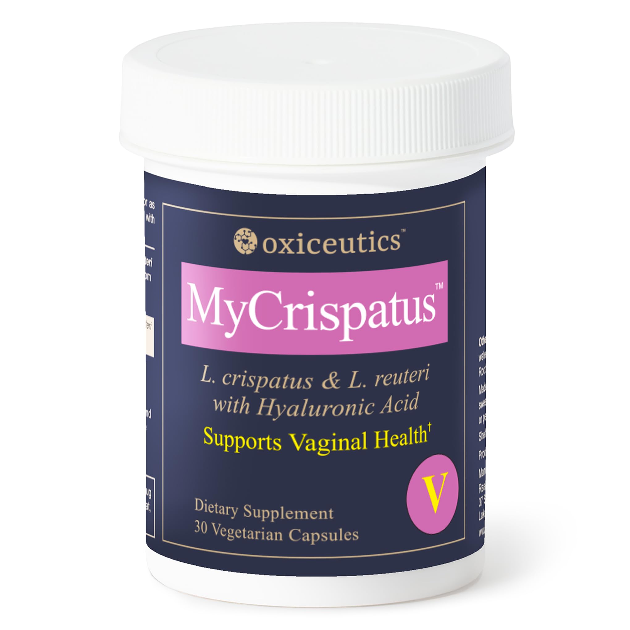 oxiceutics MyCrispatus probiotic bottle with capsules supporting gut and vaginal balance.