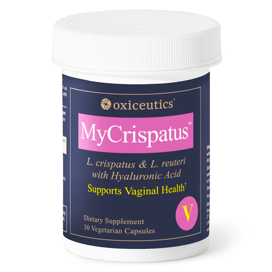 oxiceutics MyCrispatus probiotic bottle with capsules supporting gut and vaginal balance.