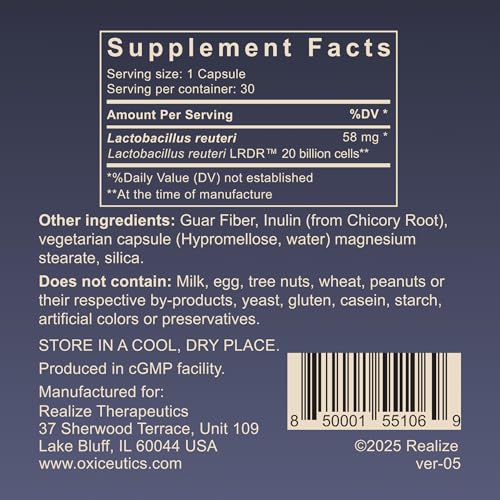 Closeup of Oxiceutics MyReuteri 20B vegan capsules for everyday use