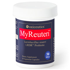 Oxiceutics MyReuteri 50B CFU bottle shown for daily gut support on the go.