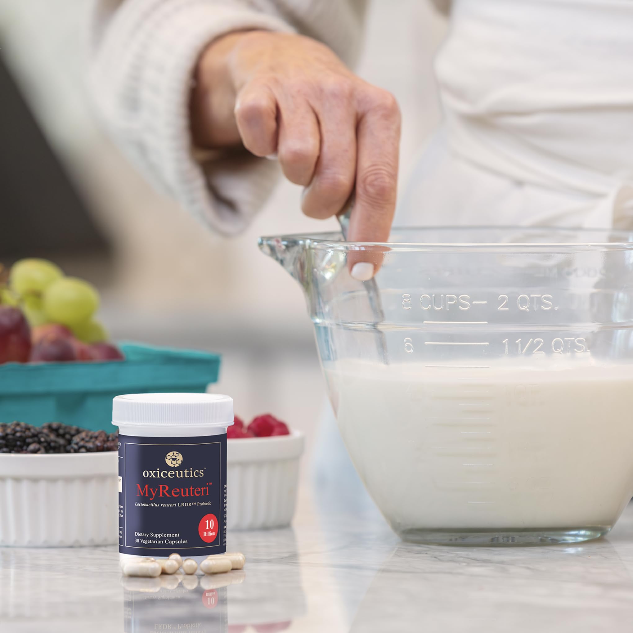Oxiceutics MyReuteri bottle with pours demonstrates convenient daily use.