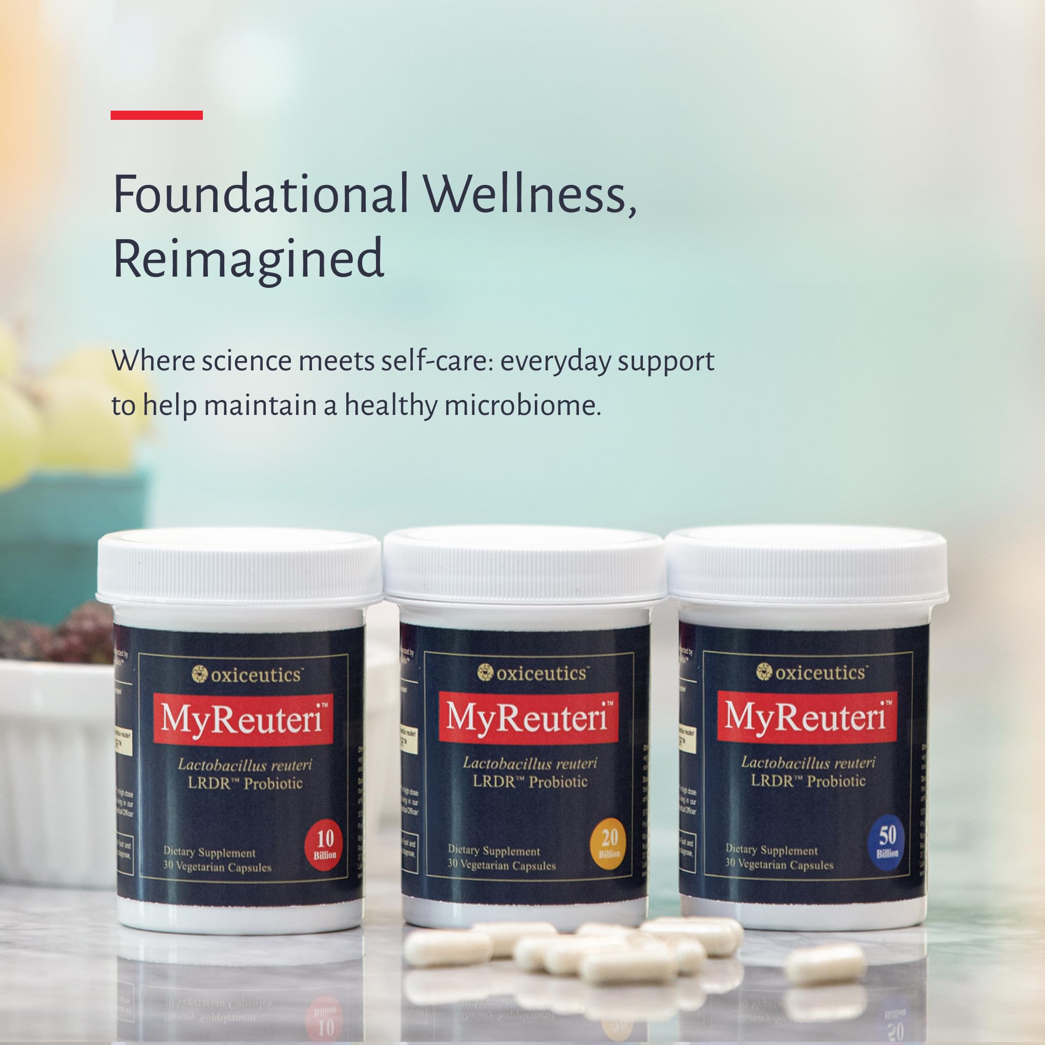 Oxiceutics MyReuteri label close-up highlights 50 billion CFU and FOS prebiotic.