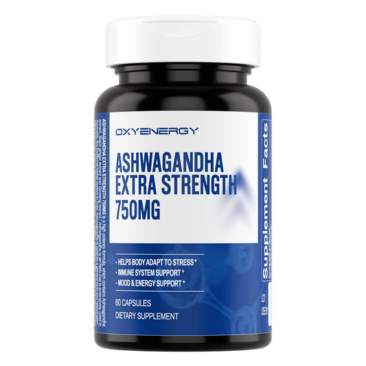 OxyEnergy Ashwagandha capsules bottle close-up highlighting 750 mg formula for stress support