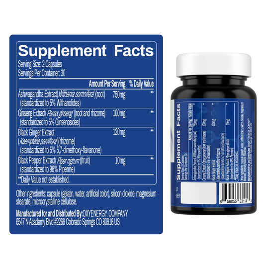 OxyEnergy Ashwagandha capsules label close-up emphasizing natural ingredients for calm energy