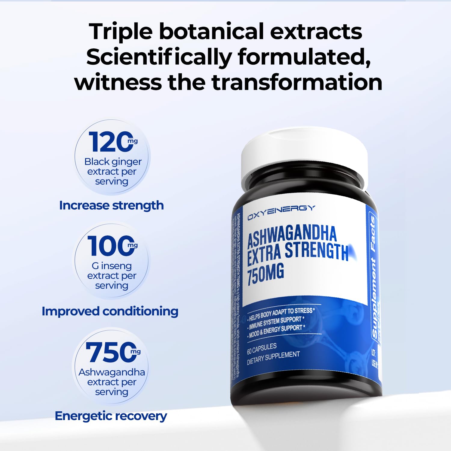 OxyEnergy Ashwagandha capsules being poured for easy daily intake