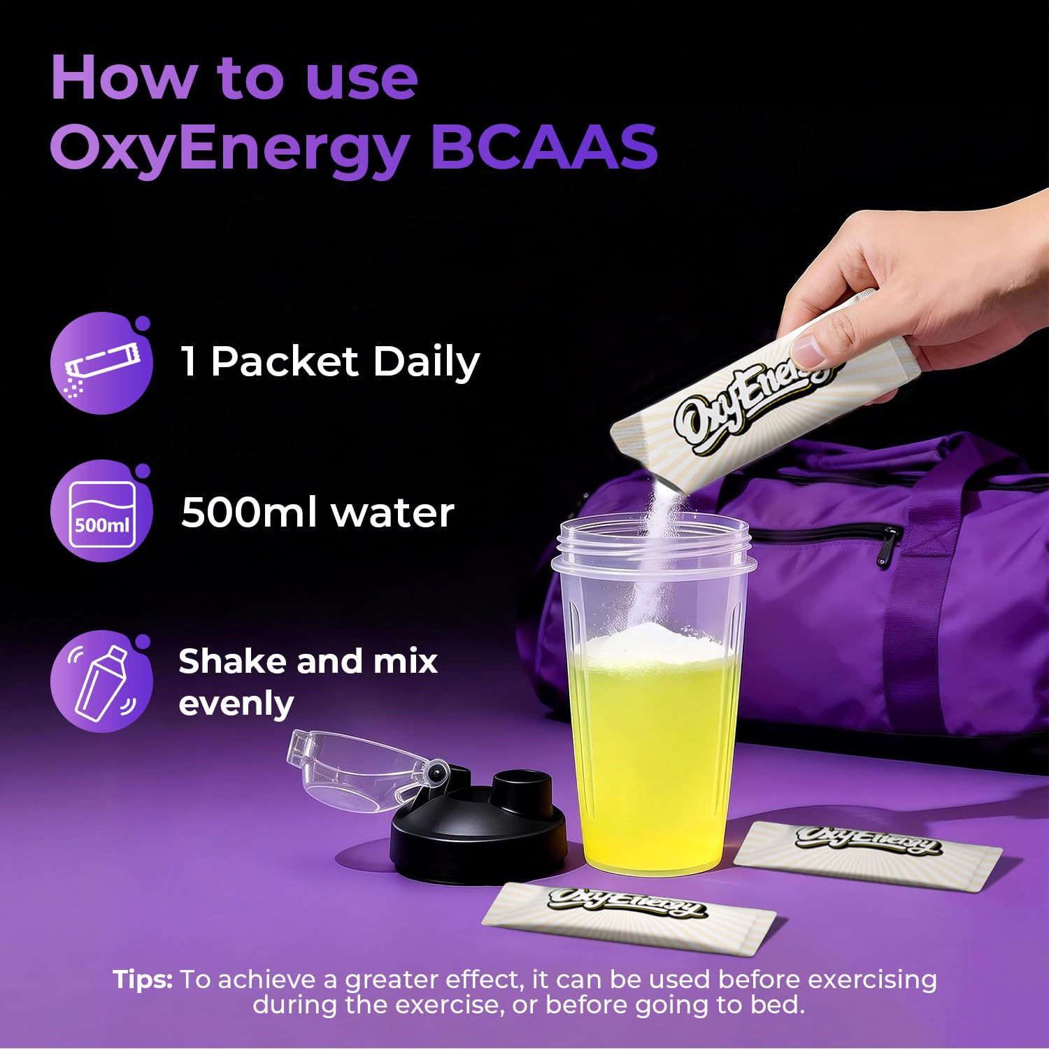 Mixing OxyEnergy BCAA with water creates a refreshing lemon drink