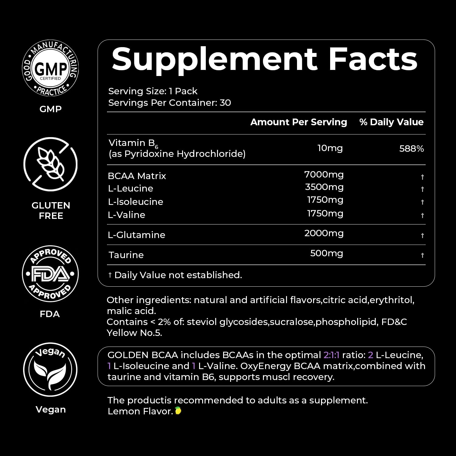 Nutrition facts for OxyEnergy BCAA highlight zero sugar and vegan status