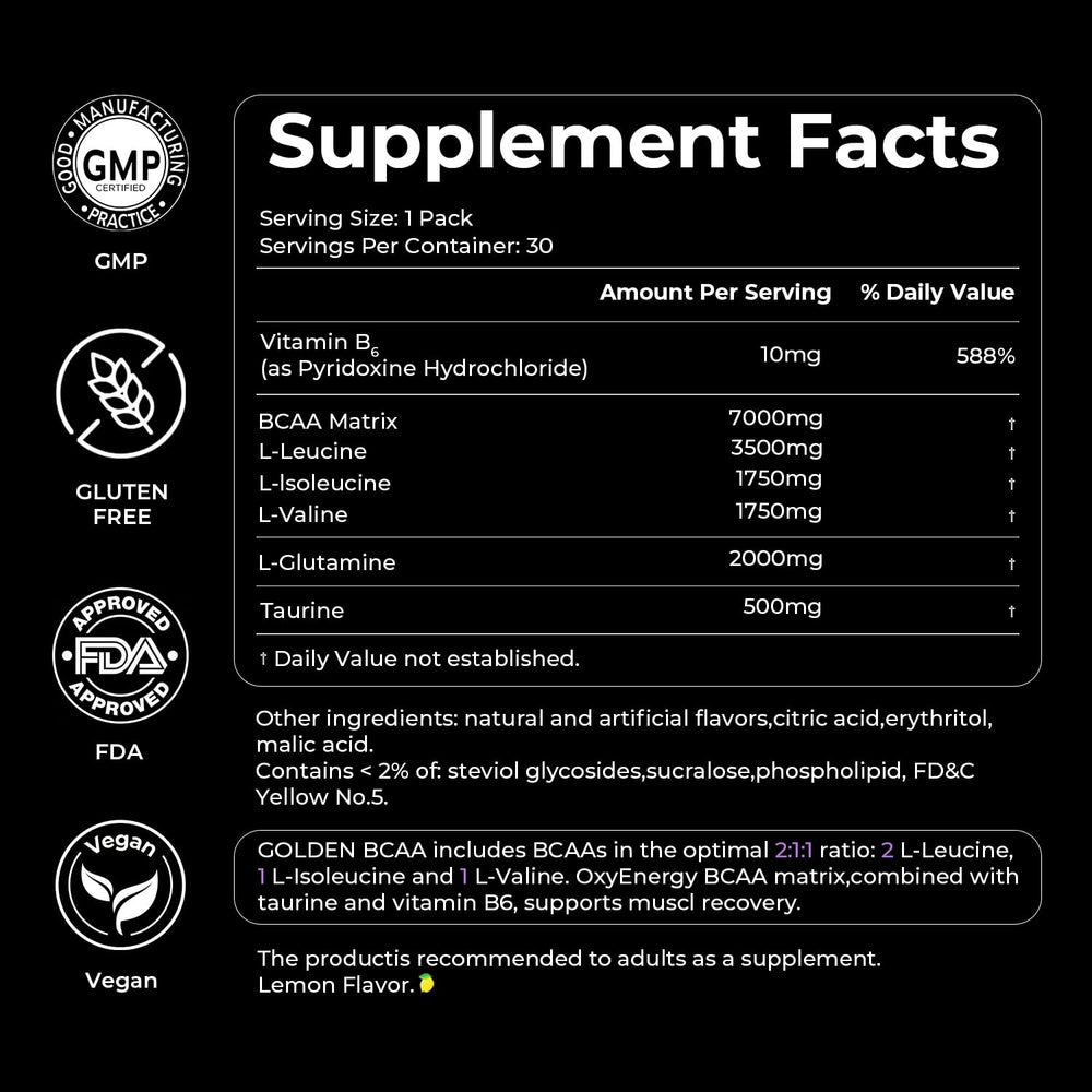 Nutrition facts for OxyEnergy BCAA highlight zero sugar and vegan status