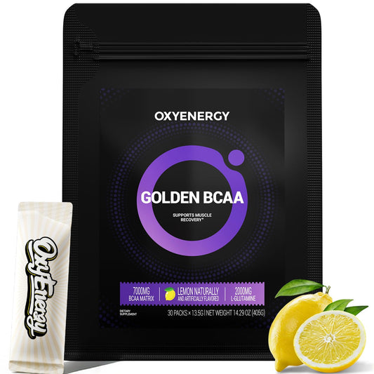 OxyEnergy BCAA powder lemon tub ready for post-workout recovery