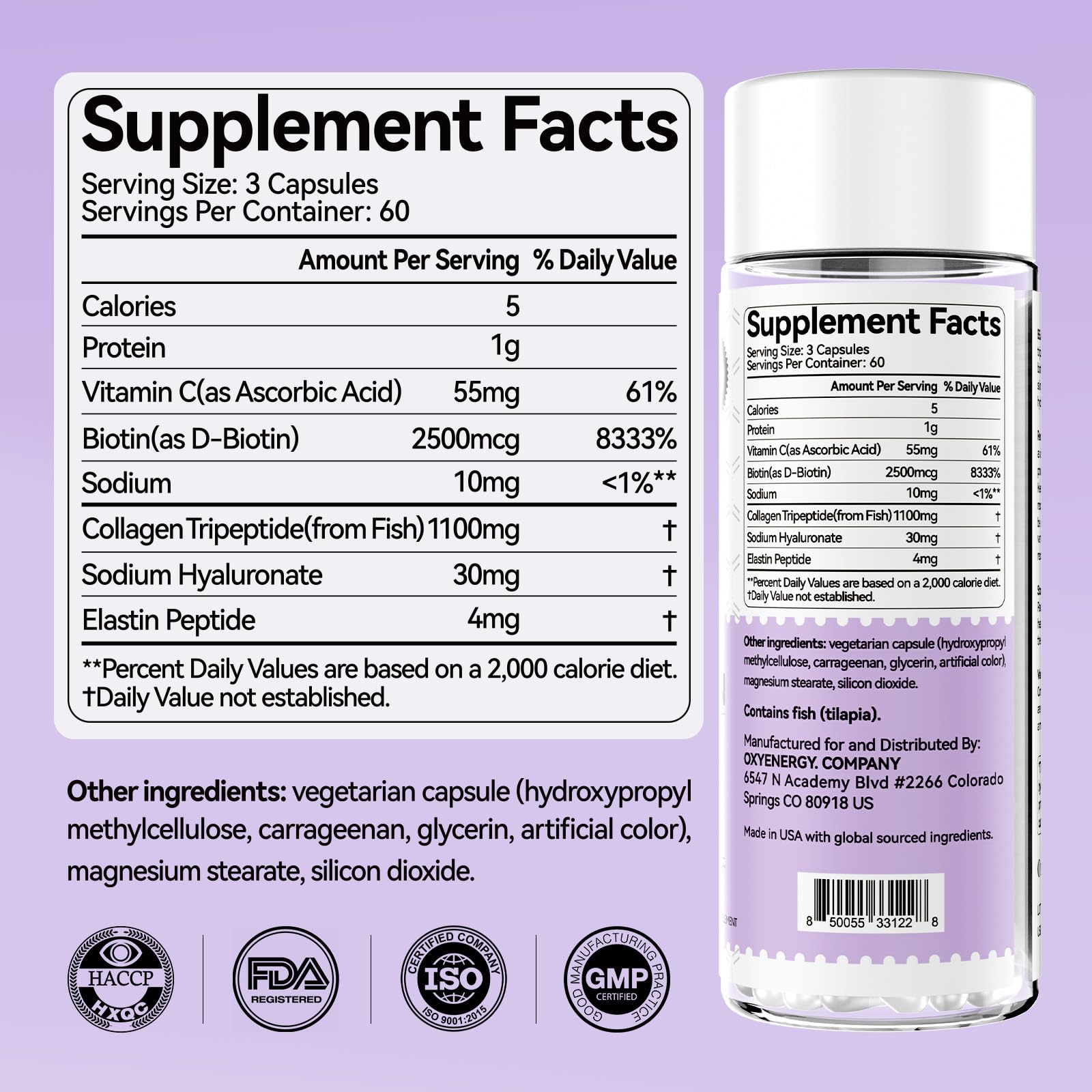 OxyEnergy collagen pills bottle label closeup highlighting ingredients and claims.