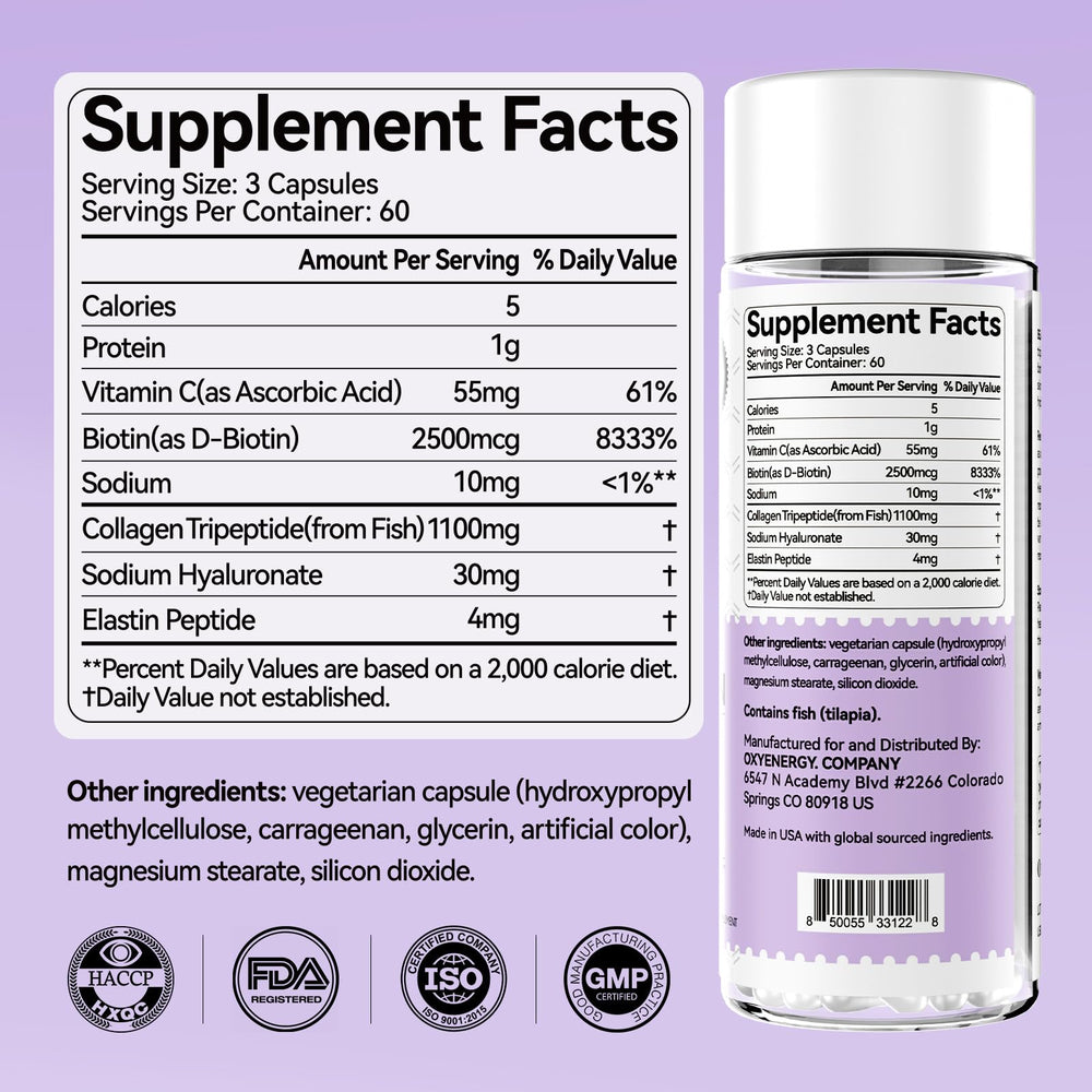 OxyEnergy collagen pills bottle label closeup highlighting ingredients and claims.