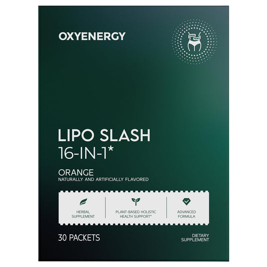 OxyEnergy LIPO Slash orange packet, refreshing flavor for on-the-go support.