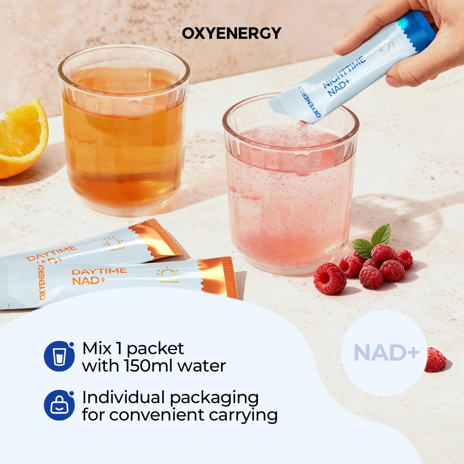 OxyEnergy orange flavor sachet ready to mix in water