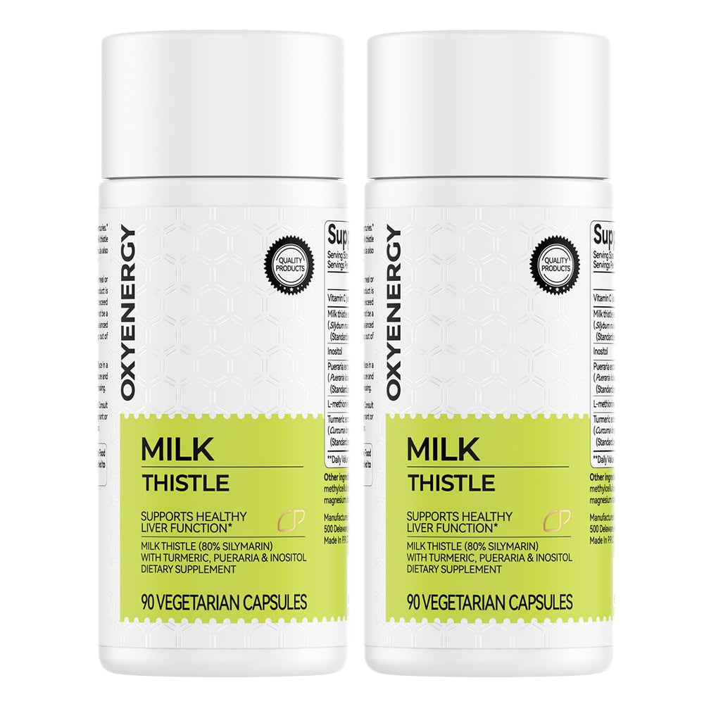 OxyEnergy milk thistle capsules close-up highlighting antioxidant support potential.