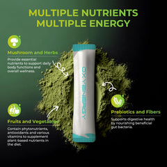 Spirulina and chlorella greens with prebiotics and probiotics blend for gut balance.