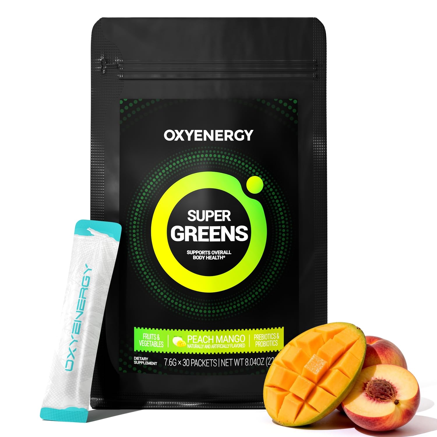 OxyEnergy Super Greens powder tub on table highlighting 40+ superfoods for daily energy and wellness.