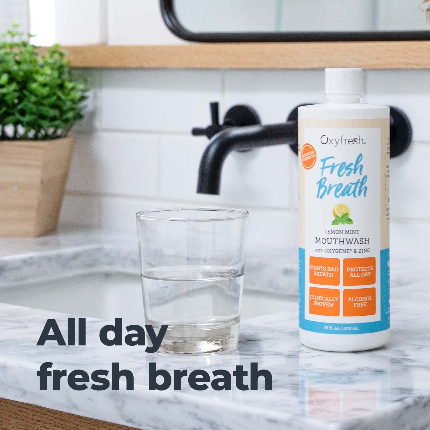 Oxyfresh Lemon Mint bottle with natural xylitol and essential oils icons on label.