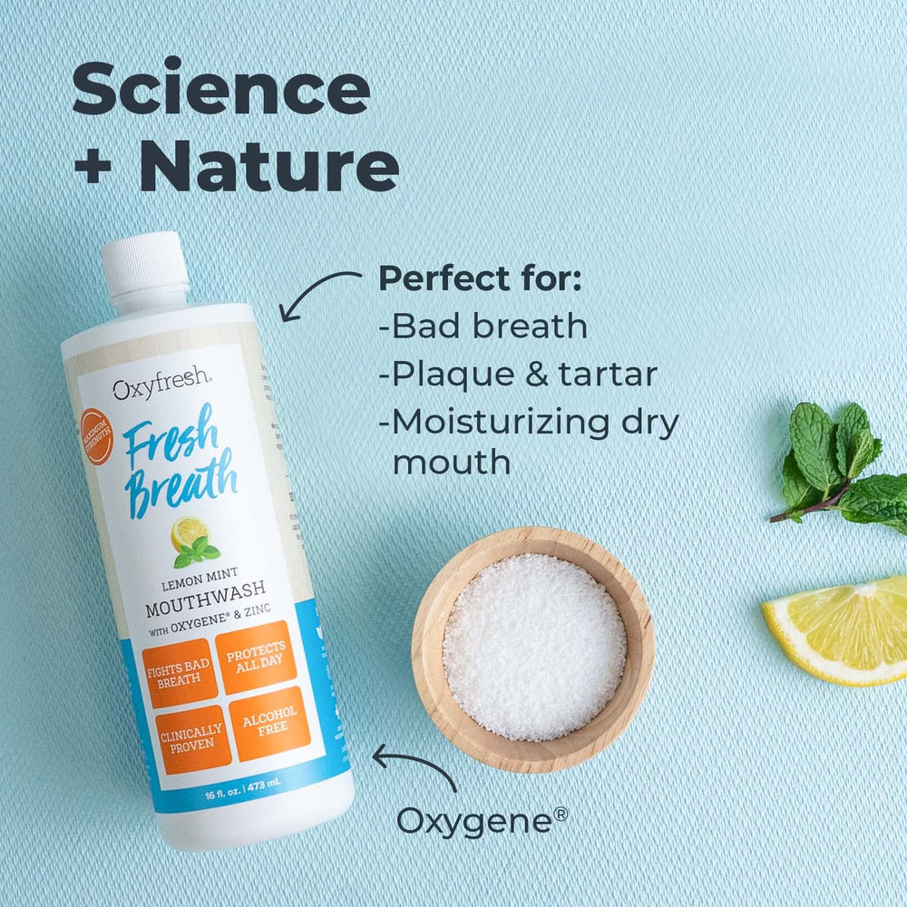 Oxyfresh Lemon Mint label close-up emphasizing fluoride-free and pH-balanced formula.