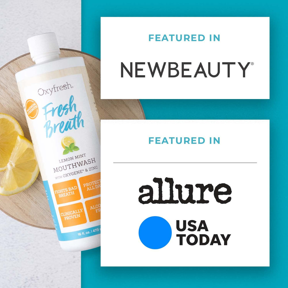 Oxyfresh Lemon Mint mouthwash on bathroom shelf beside a plant for daily use.