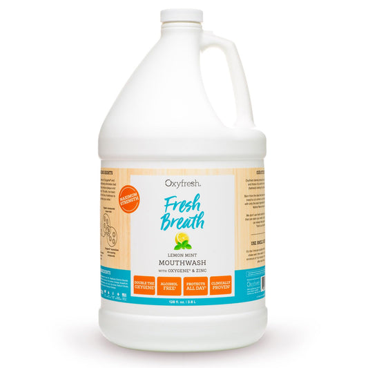 Oxyfresh Lemon Mint mouthwash bottle front highlighting refreshing citrus flavor for all-day breath.