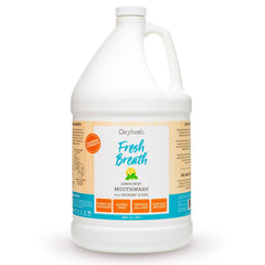 Oxyfresh Lemon Mint mouthwash bottle front highlighting refreshing citrus flavor for all-day breath.