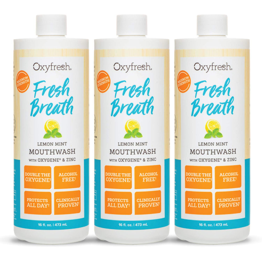 Oxyfresh Lemon Mint Mouthwash bottle demonstrates alcohol-free freshness for daily use.