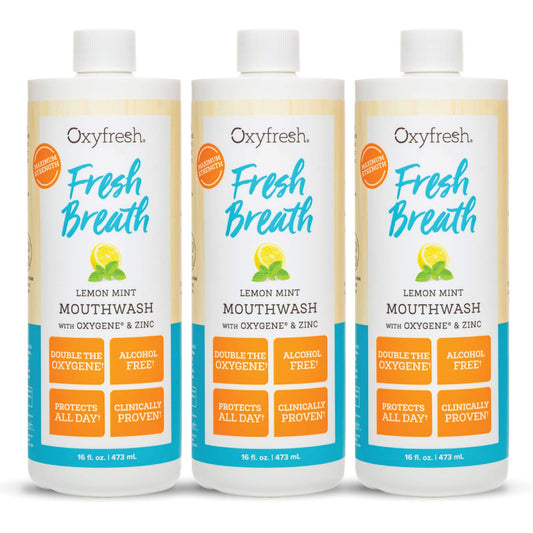 Oxyfresh Lemon Mint Mouthwash bottle demonstrates alcohol-free freshness for daily use.