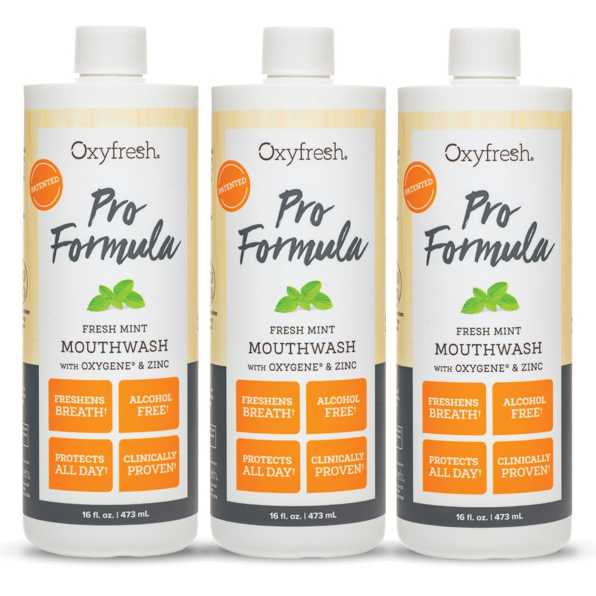 Oxyfresh Pro Formula Fresh Mint Mouthwash bottle, dye-free and alcohol-free for fresh breath.