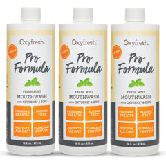 Oxyfresh Pro Formula Fresh Mint Mouthwash bottle, dye-free and alcohol-free for fresh breath.