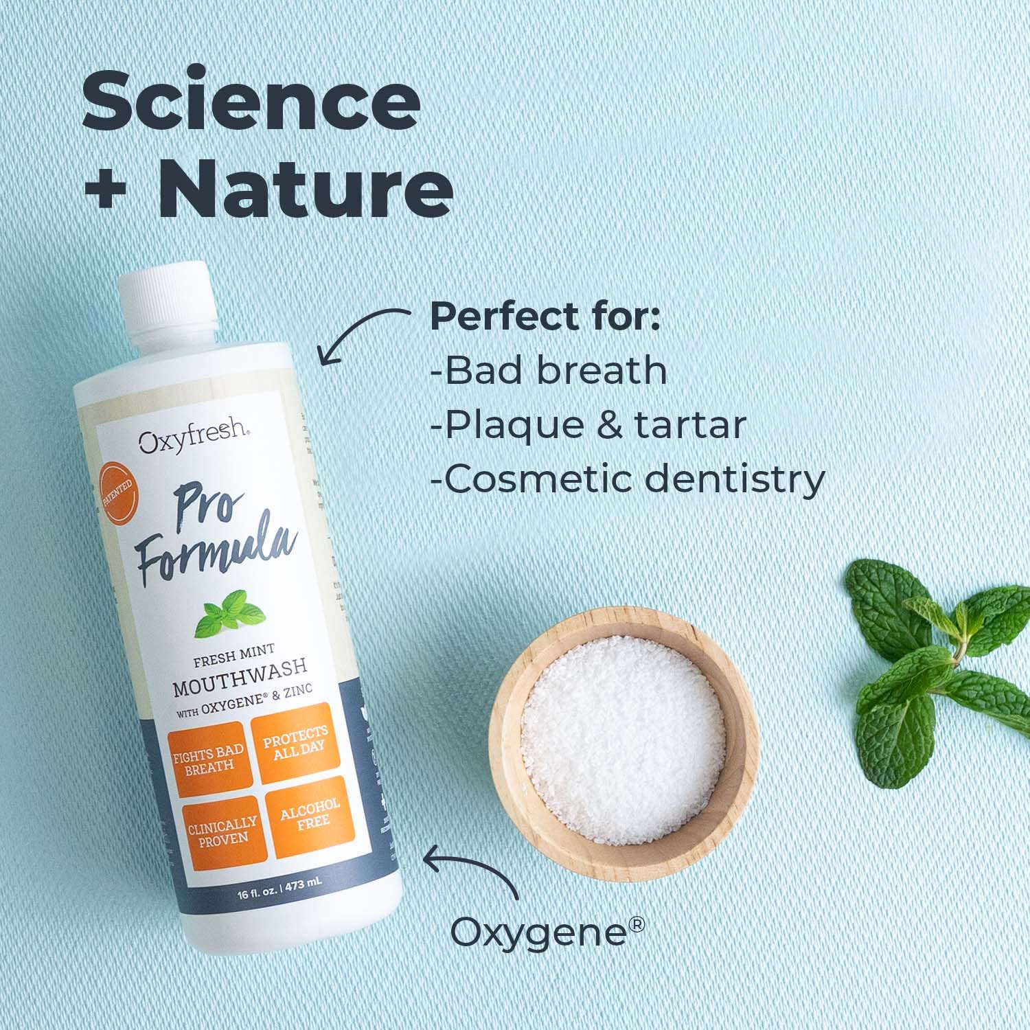 Oxyfresh Pro Formula Fresh Mint Mouthwash pour for quick fresh breath.