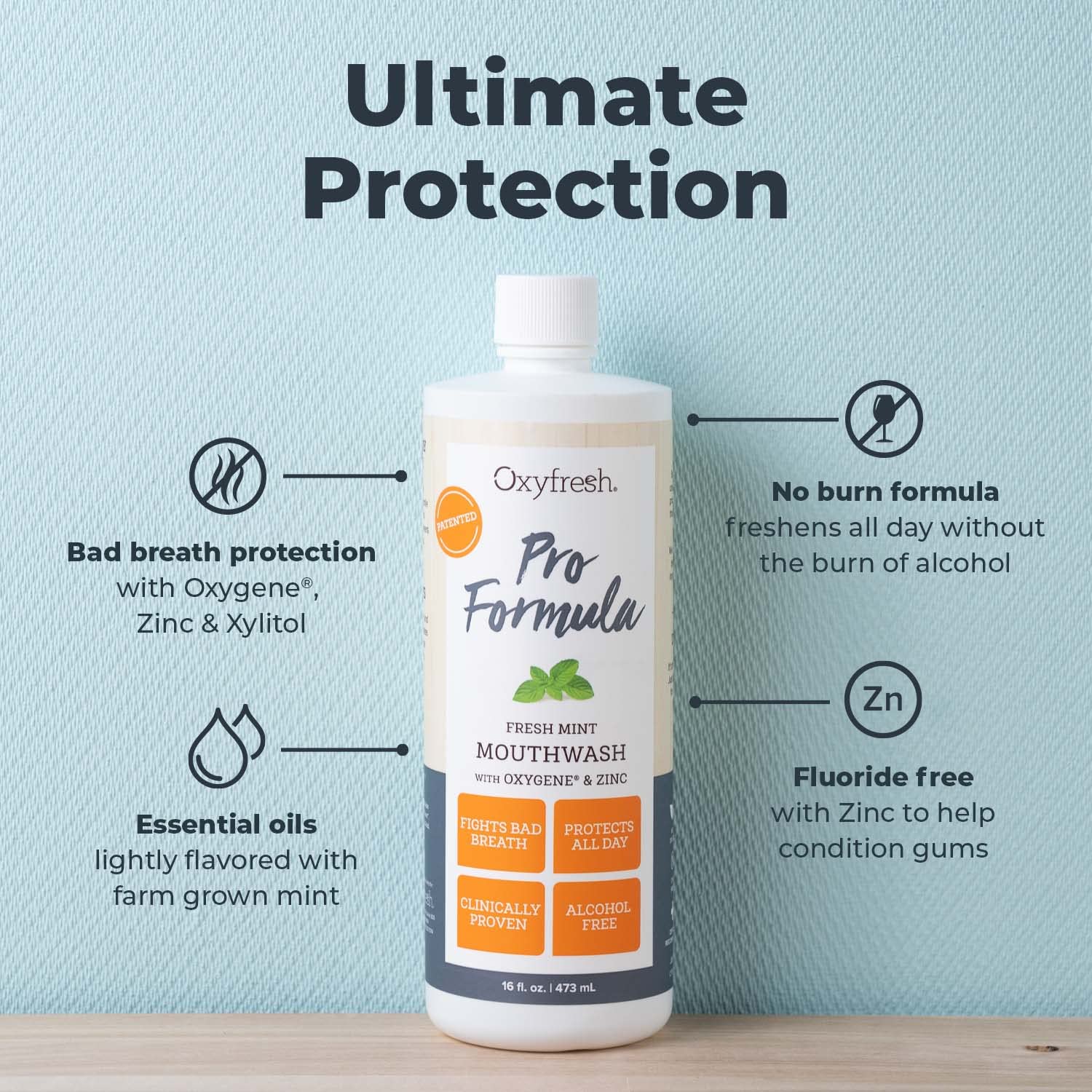 Oxyfresh Pro Formula Fresh Mint pour demonstrates easy, alcohol-free mouthwash dispensing.