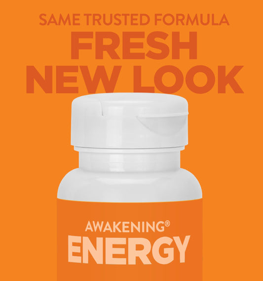 Awakening bottle side view highlights gluten-free veggie capsules for daily use.