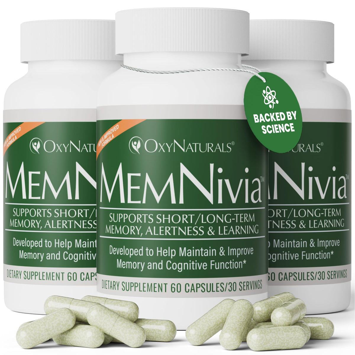 OxyNaturals MemNivia bottle front view highlighting plant-based brain support.