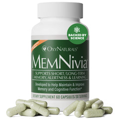 OxyNaturals MemNivia bottle-front for daily brain support and focus.