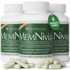 OxyNaturals MemNivia bottle front view highlighting plant-based brain support.