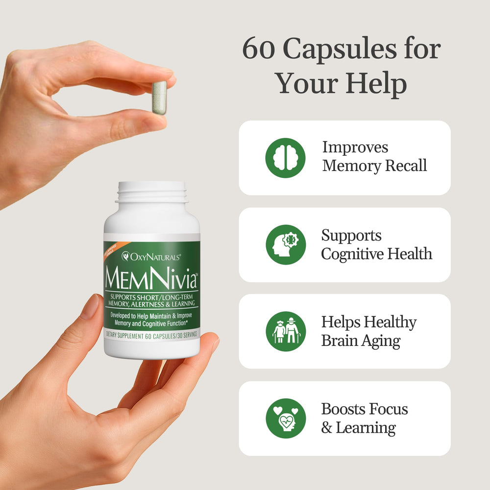 OxyNaturals MemNivia brain-focus visual implying sharper thinking.